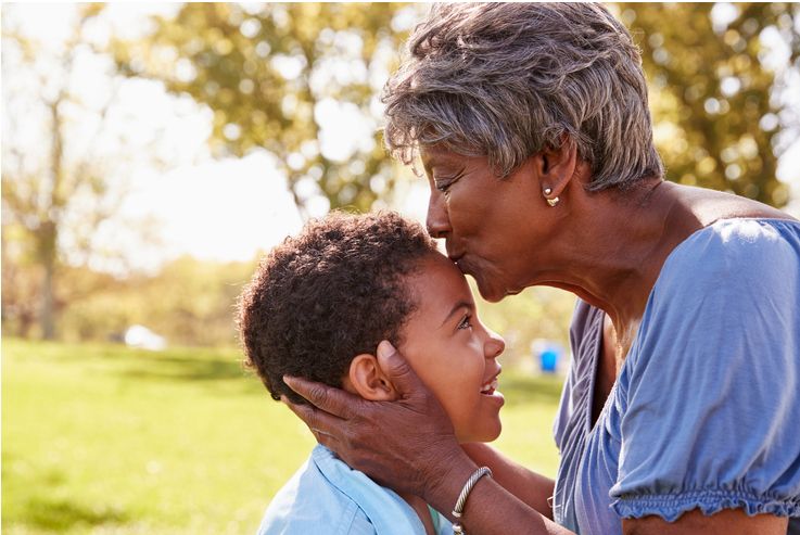 Close Up Of Grandmother Kissing Grandson In Park
